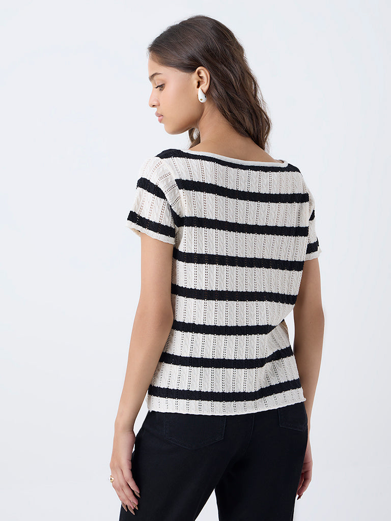 LOV Black Striped Cotton-Blend Top