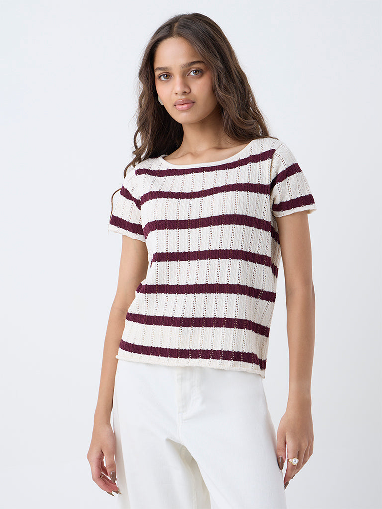 LOV Burgundy Striped Cotton-Blend Top