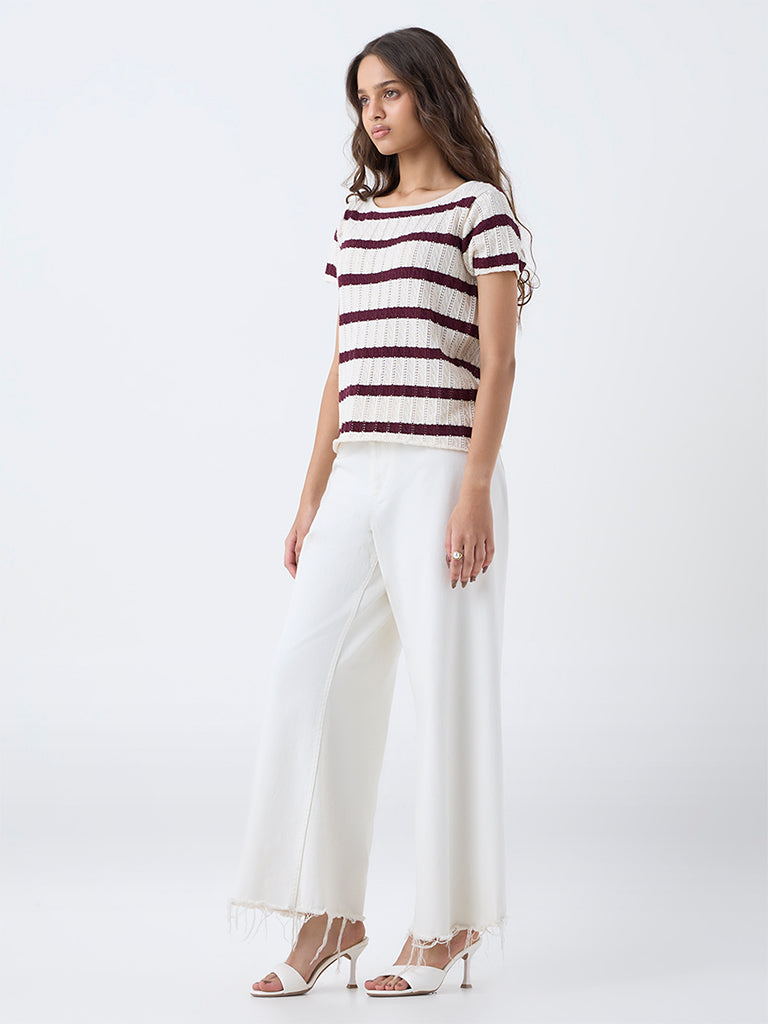 LOV Burgundy Striped Cotton-Blend Top