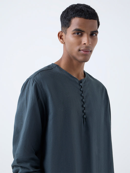 Mens Ethnicwear Dark Teal Relaxed-Fit Cotton-Blend Short Kurta