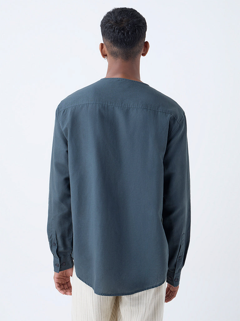 Mens Ethnicwear Dark Teal Relaxed-Fit Cotton-Blend Short Kurta