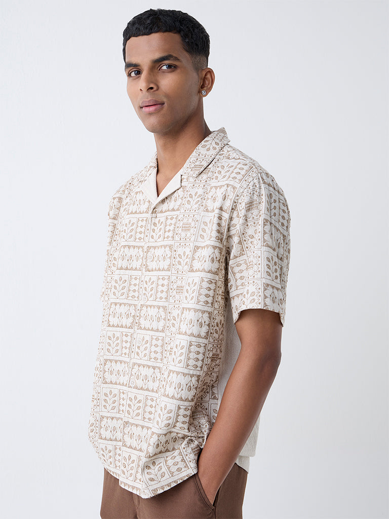 ETA Beige Embroidered Relaxed-Fit Cotton Shirt