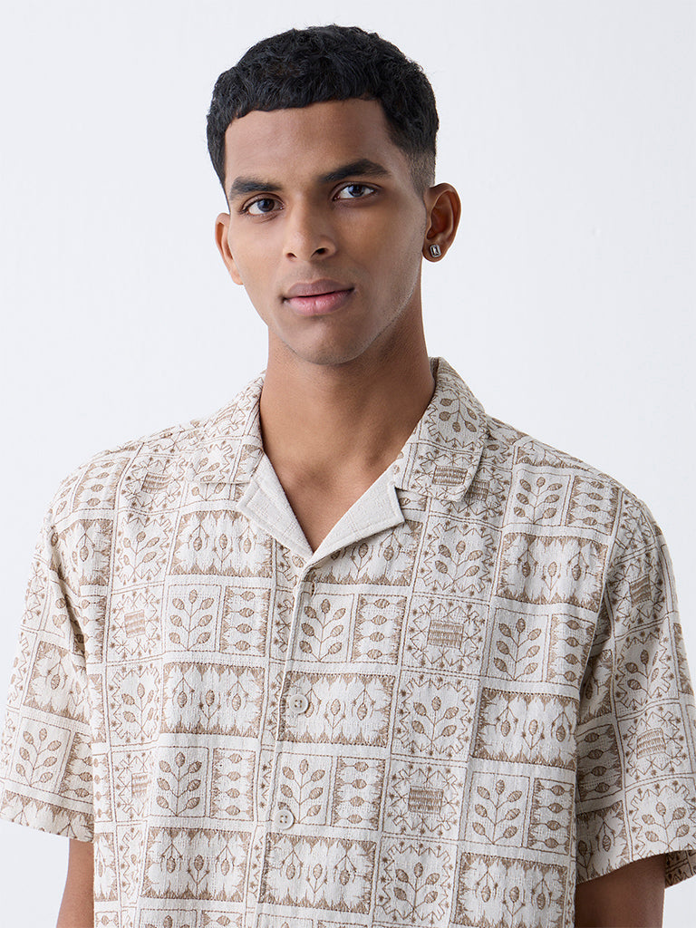 ETA Beige Embroidered Relaxed-Fit Cotton Shirt