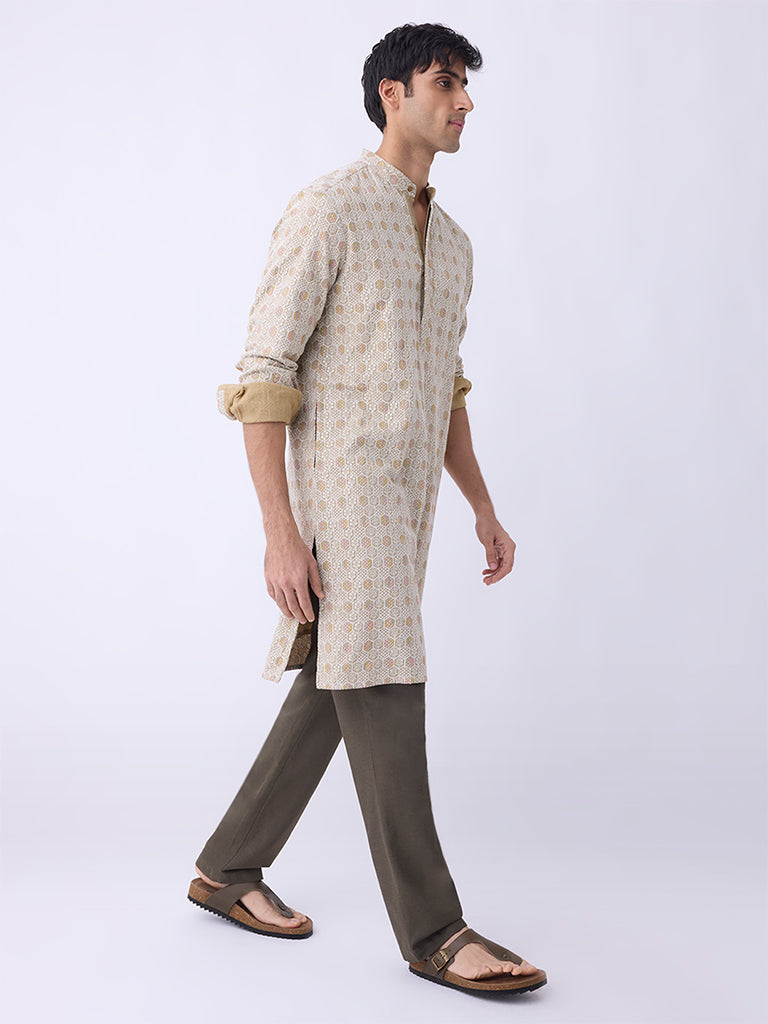 Mens Ethnicwear Light Brown Embroidered Relaxed-Fit Kurta