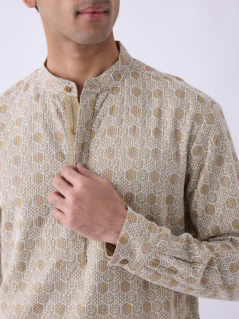 Mens Ethnicwear Light Brown Embroidered Relaxed-Fit Kurta