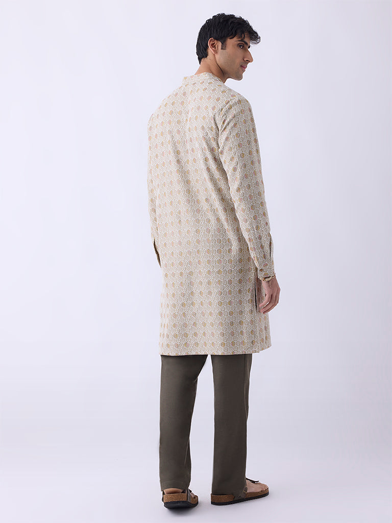 Mens Ethnicwear Light Brown Embroidered Relaxed-Fit Kurta