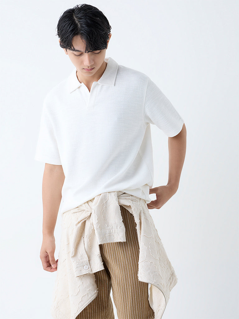 Westside ETA Men's White Self Relaxed-Fit Cotton-Blend Polo T-Shirt for Casual Wear Front view