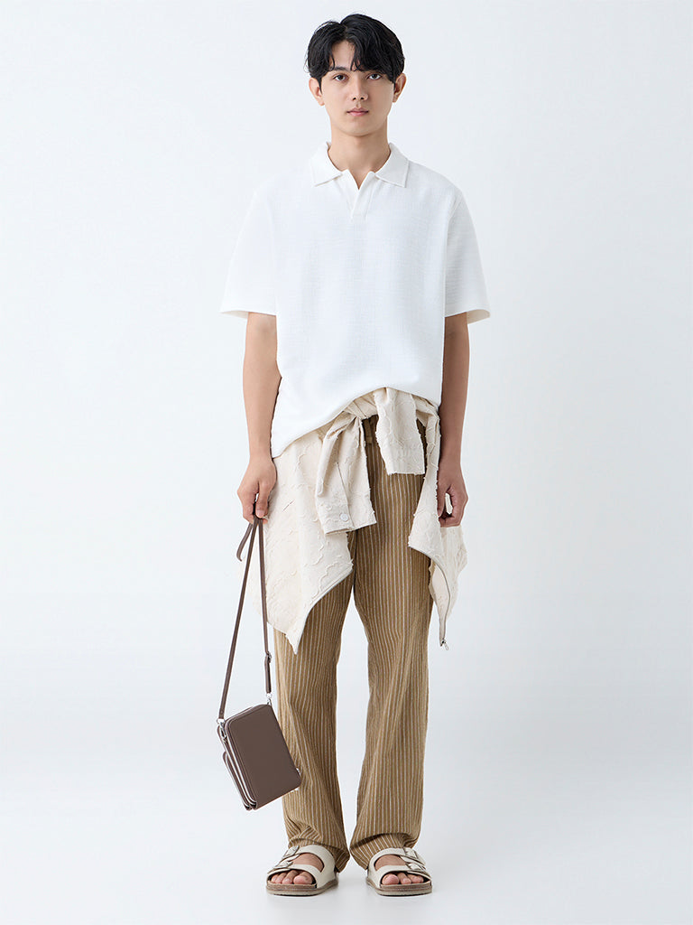 Westside ETA Men's White Self Relaxed-Fit Cotton-Blend Polo T-Shirt for Casual Wear Full View