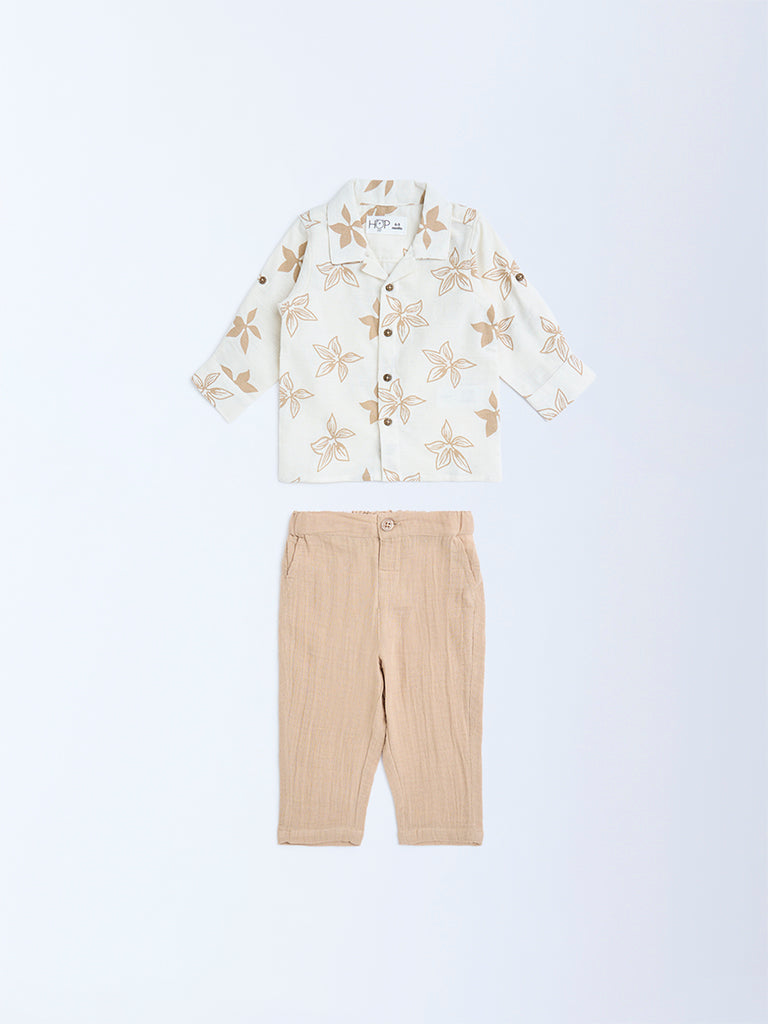 HOP Baby Beige Floral Design Cotton Shirt and Trousers Set