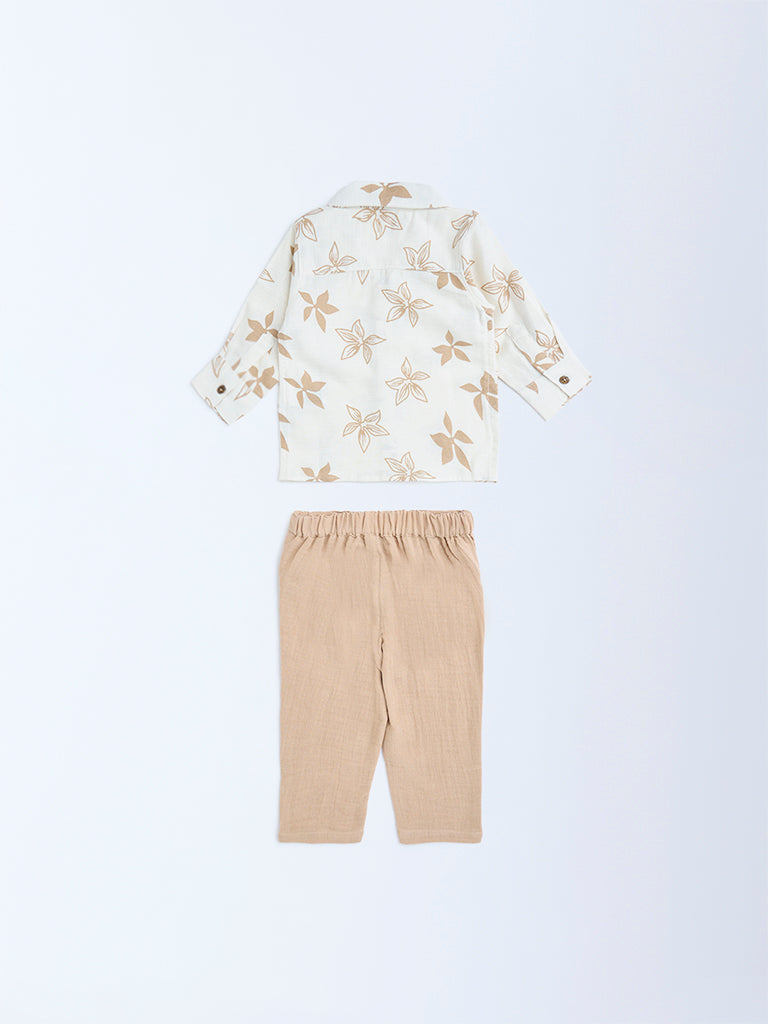 HOP Baby Beige Floral Design Cotton Shirt and Trousers Set