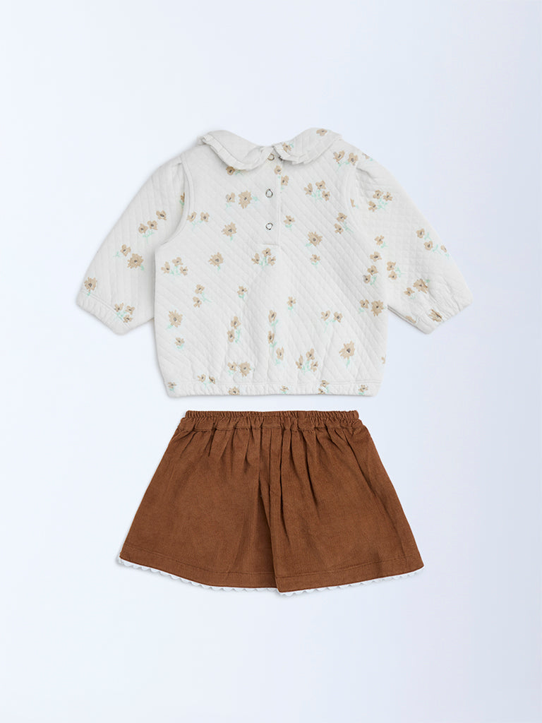 HOP Baby White Floral Cotton-Blend Top and Skirt Set