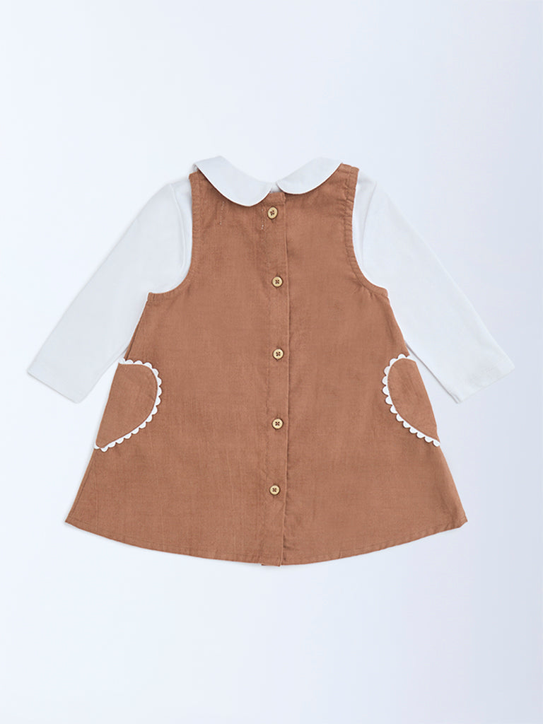 HOP Baby Brown Embroidered Cotton Pinafore with T-Shirt Set
