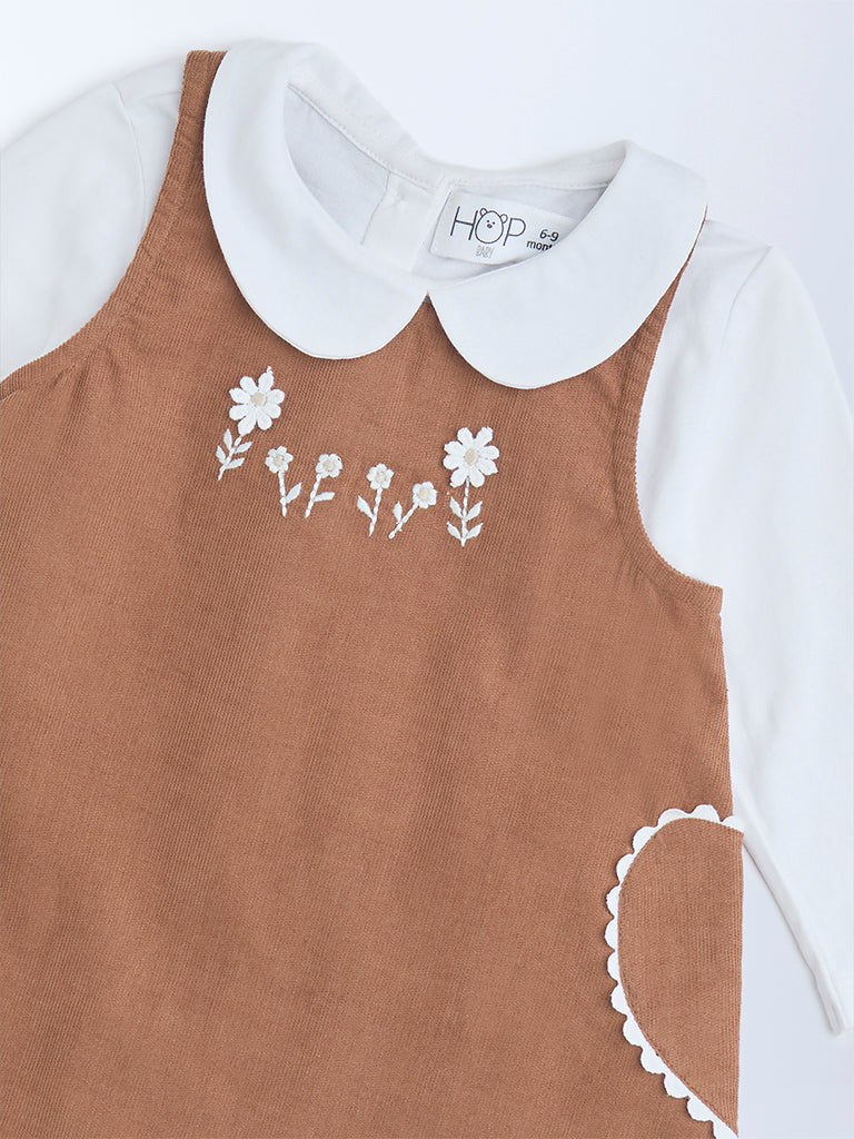 HOP Baby Brown Embroidered Cotton Pinafore with T-Shirt Set