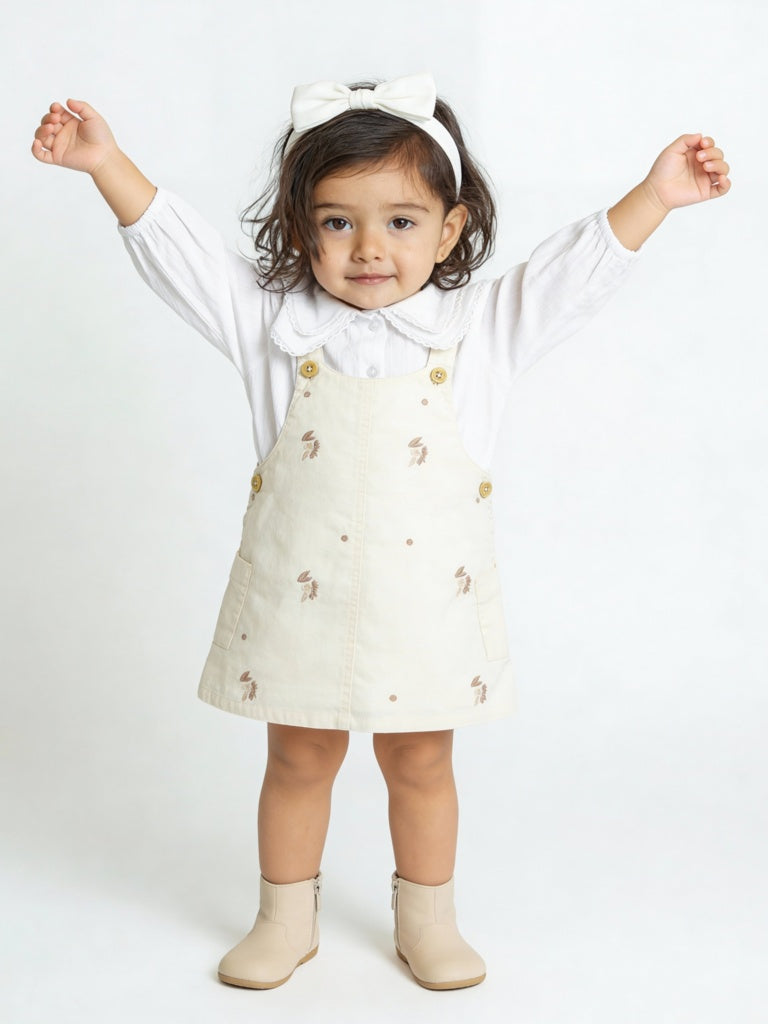 HOP Baby Girls Beige Embroidered Cotton Pinafore with Top Set