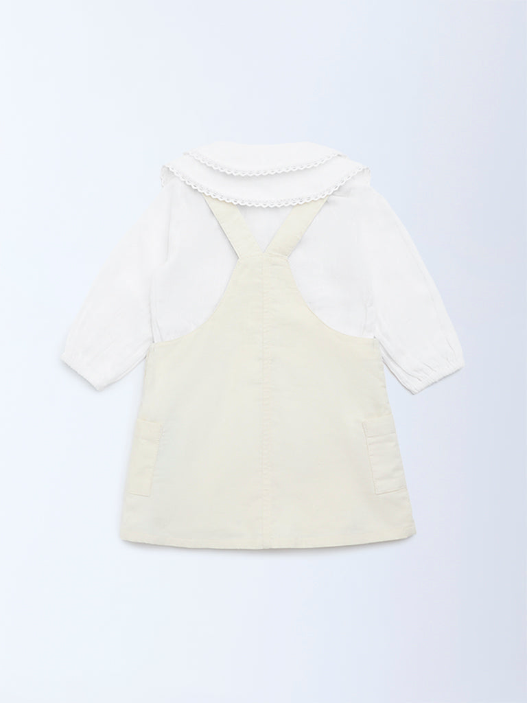 HOP Baby Girls Beige Embroidered Cotton Pinafore with Top Set