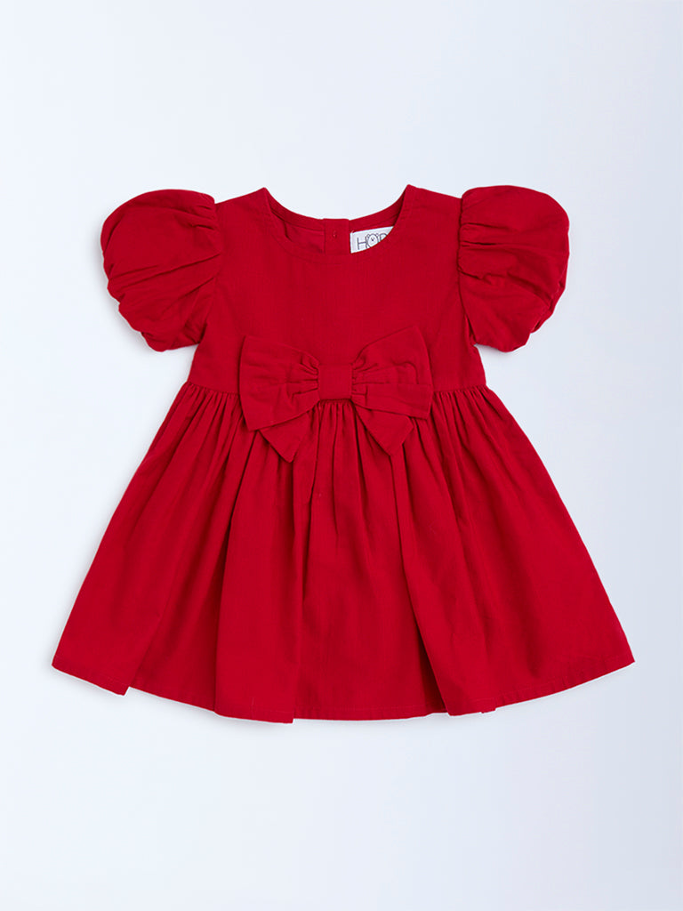 HOP Baby Red Solid Bow-Detailed Cotton Dress
