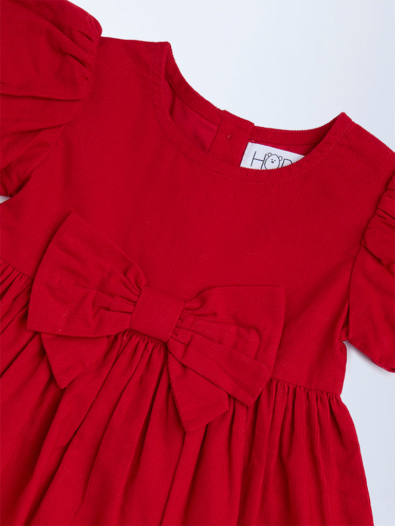 HOP Baby Red Solid Bow-Detailed Cotton Dress
