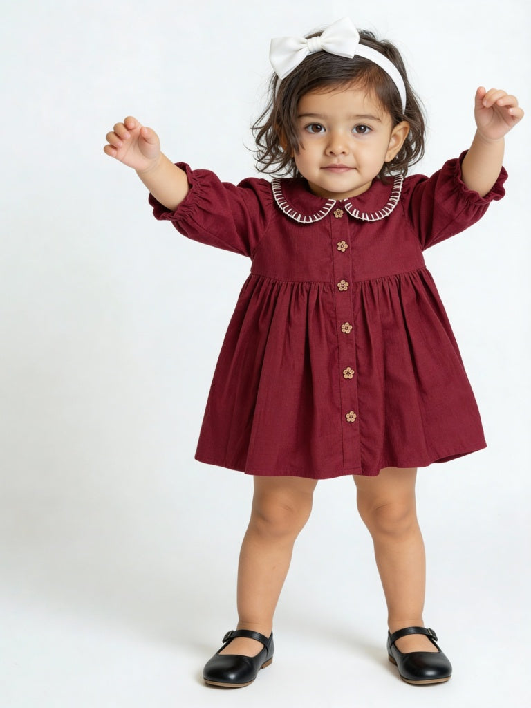 HOP Baby Girls Wine Fit-and-Flare Cotton Dress
