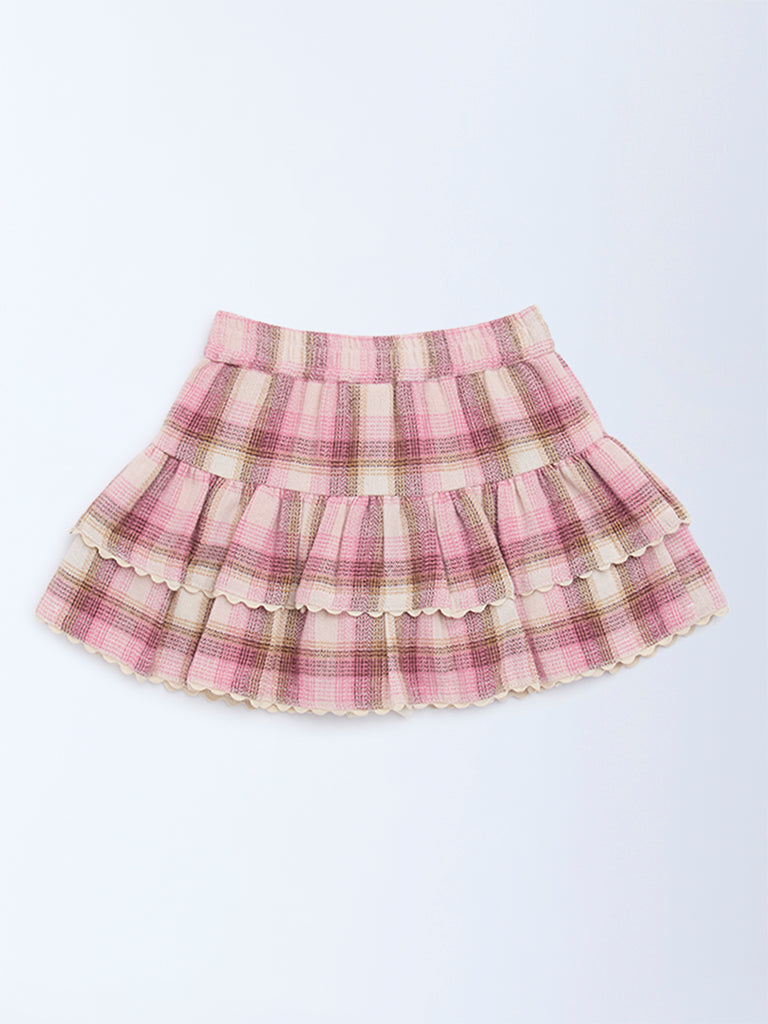 Buy HOP Kids Pink Checkered High-Rise Cotton Skirt from Westside
