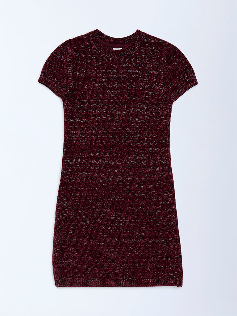 Girls Burgundy Knitted Bodycon Dress