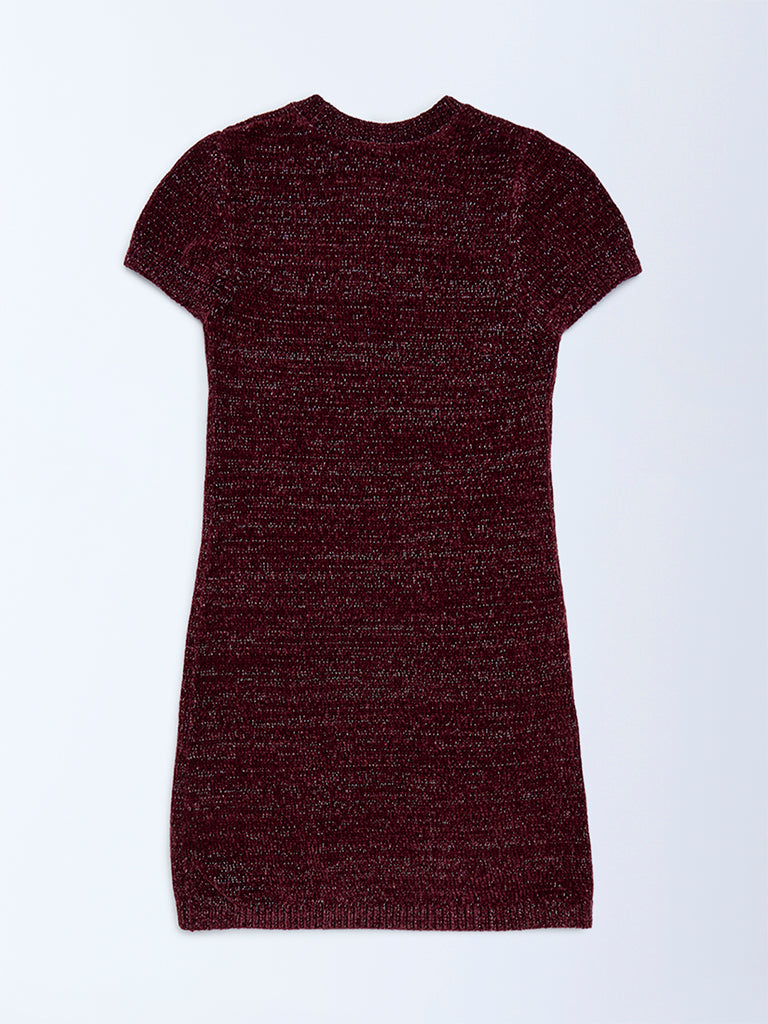 Girls Burgundy Knitted Bodycon Dress