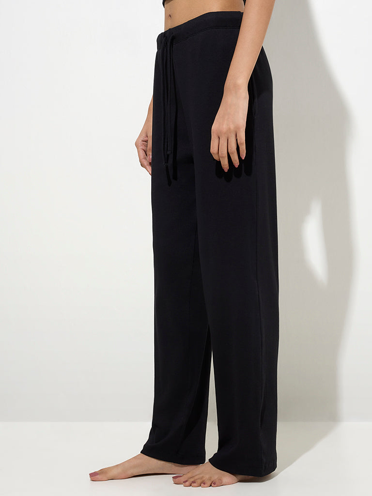 Westside Superstar Women's Black Ribbed-Textured High-Rise Cotton Pants for Casual Wear Front View