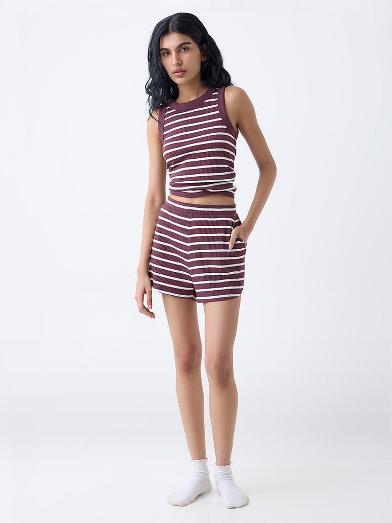 Superstar Brown Striped High-Rise Cotton Shorts