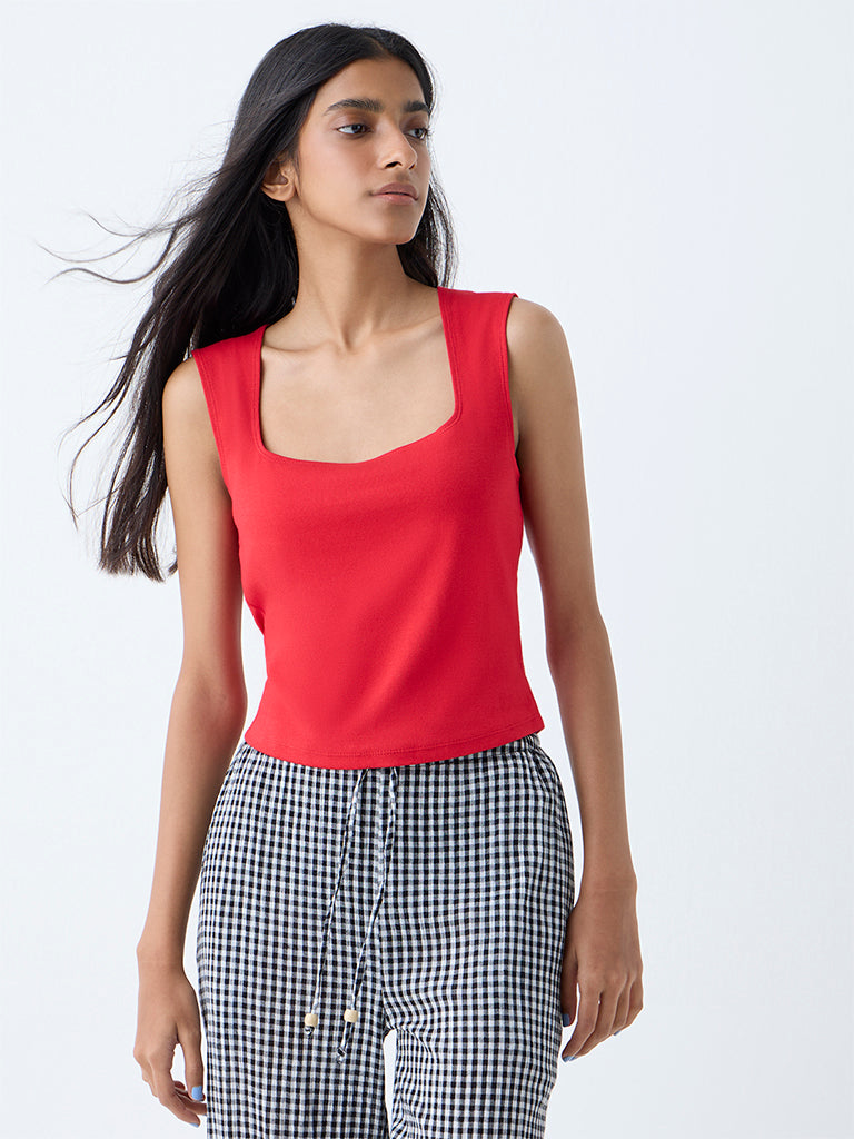 Westside Superstar Women's Red Solid Cotton-Blend Tank Top for Casual Wear Front View