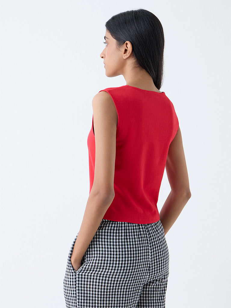 Westside Superstar Women's Red Solid Cotton-Blend Tank Top for Casual Wear Back View