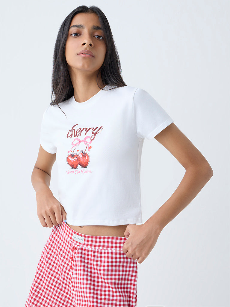 Westside Superstar Women's White Cherry Printed Cotton-Blend T-Shirt for Casual Wear Front View