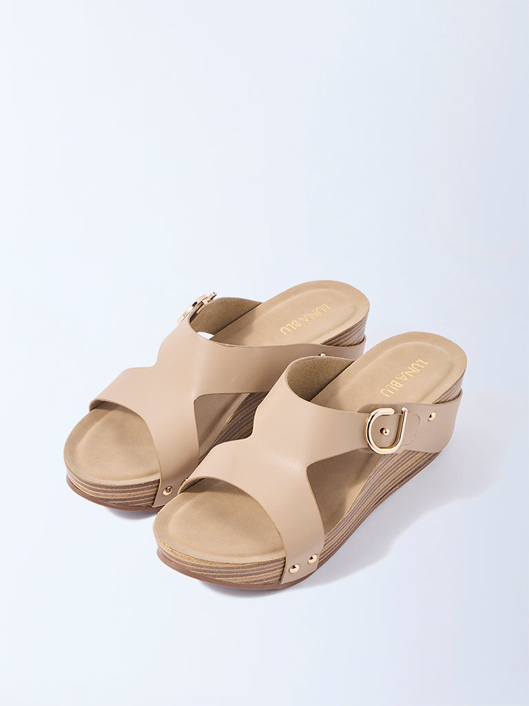 LUNA BLU Beige Buckle-Detailed Wedge Sandals
