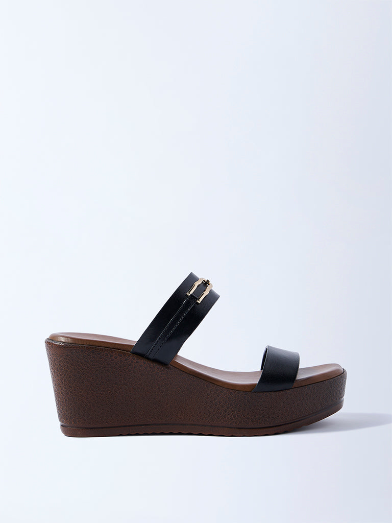 LUNA BLU Black Dual-Strap Wedge-Heel Sandals