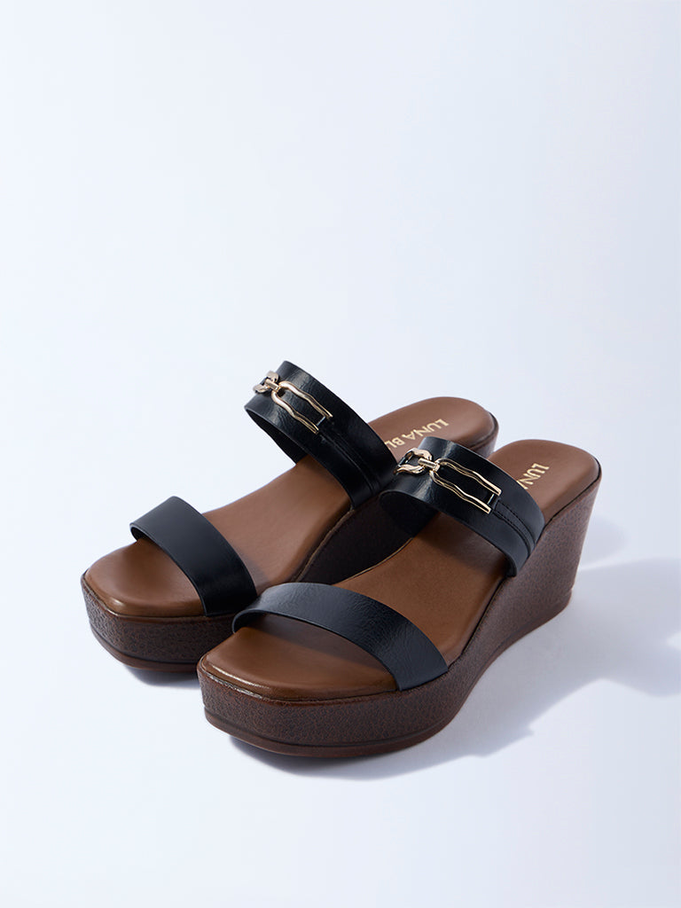 LUNA BLU Black Dual-Strap Wedge-Heel Sandals