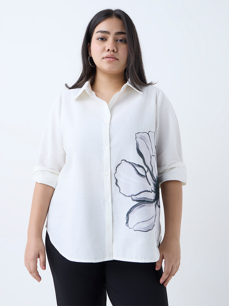 Westside Gia Women's White Floral Pattern Cotton Shirt for Casual Wear Front View
