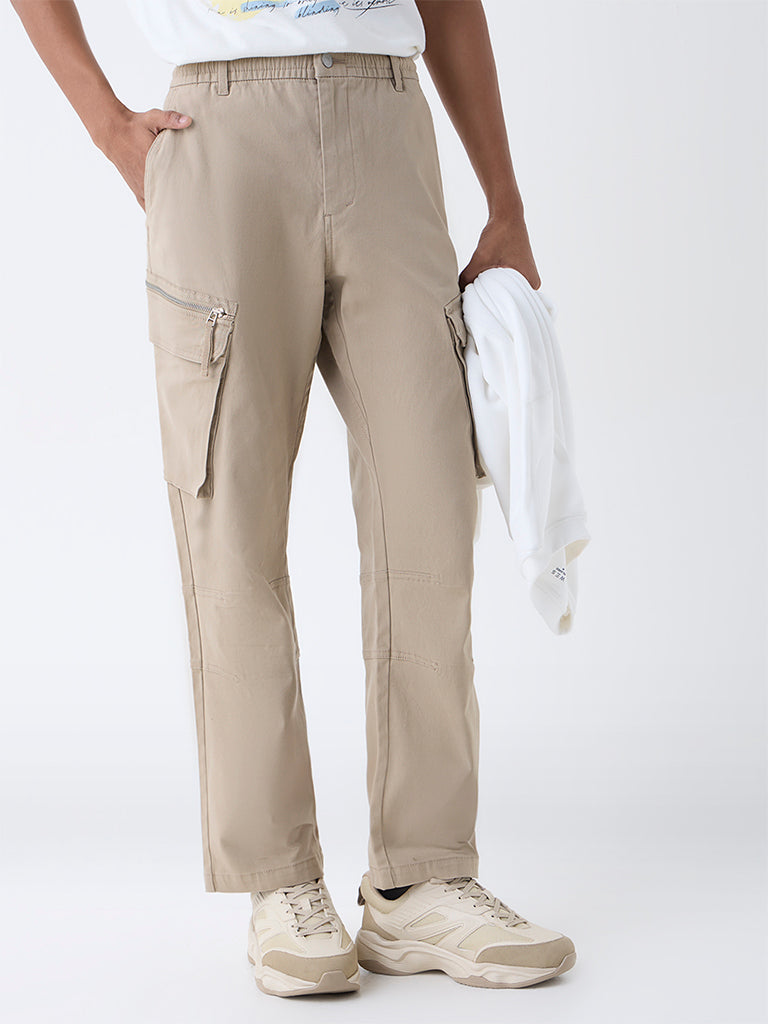Nuon Beige Relaxed-Fit Mid-Rise Cotton-Blend Cargo Pants