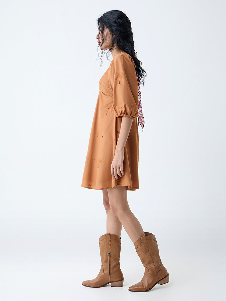 Bombay Paisley Tan Embroidered Cotton A-Line Dress
