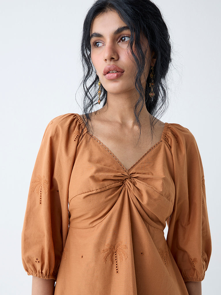 Bombay Paisley Tan Embroidered Cotton A-Line Dress