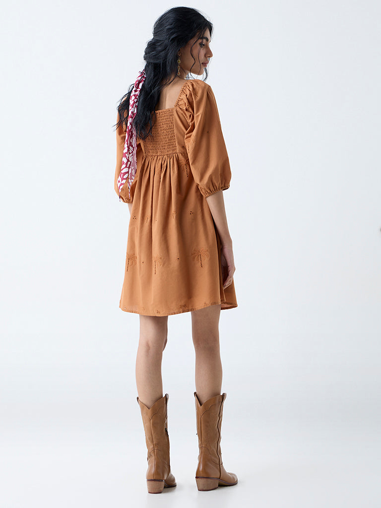 Bombay Paisley Tan Embroidered Cotton A-Line Dress