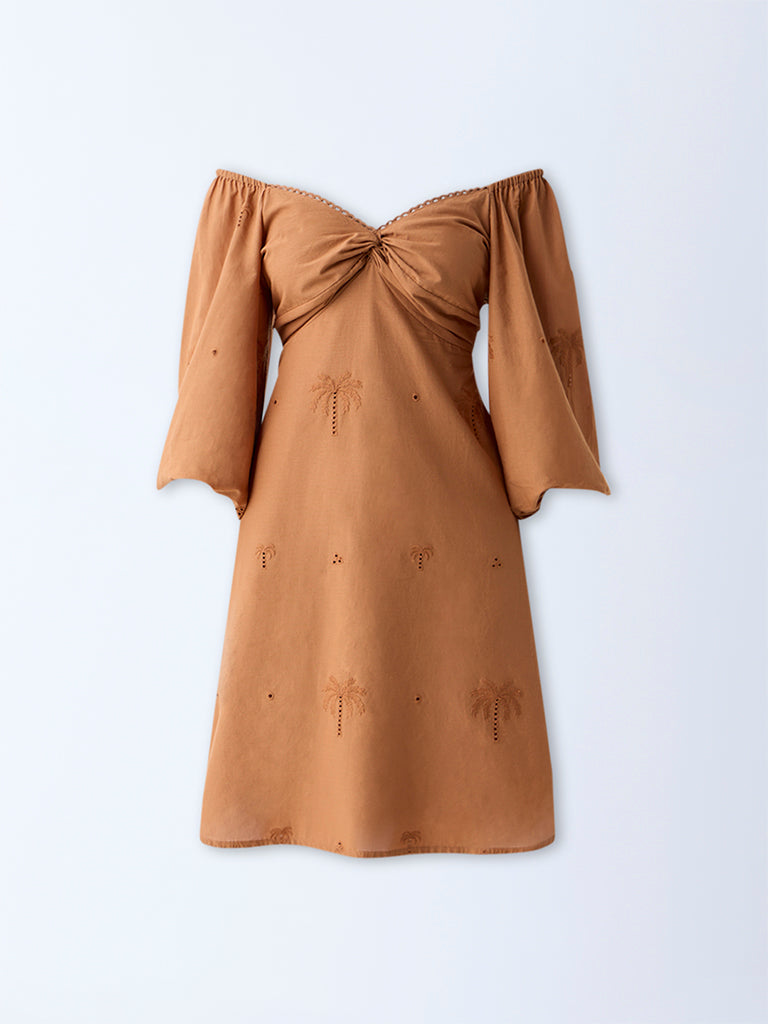 Bombay Paisley Tan Embroidered Cotton A-Line Dress