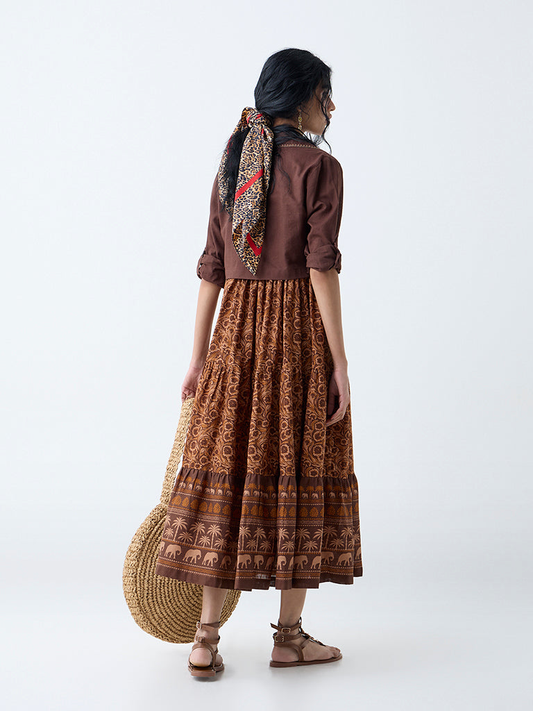 Bombay Paisley Brown Floral Cotton Tiered Dress with Jacket