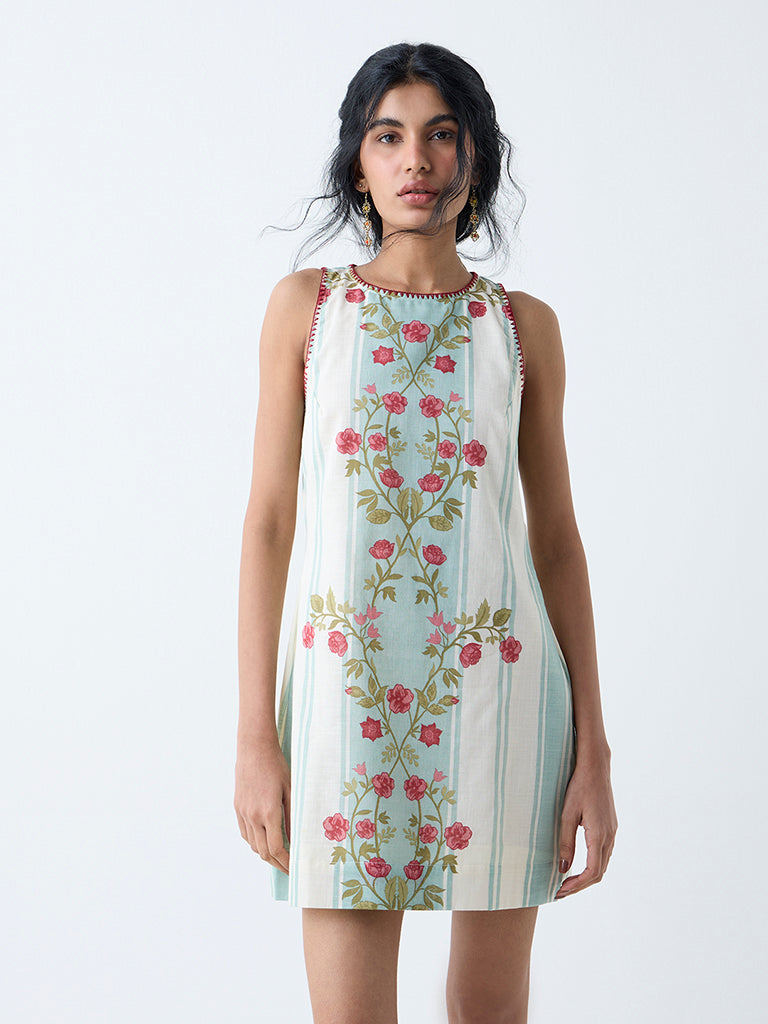 Westside Bombay Paisley Women's Off-White Floral Design Cotton Shift Dress for Everyday Front view