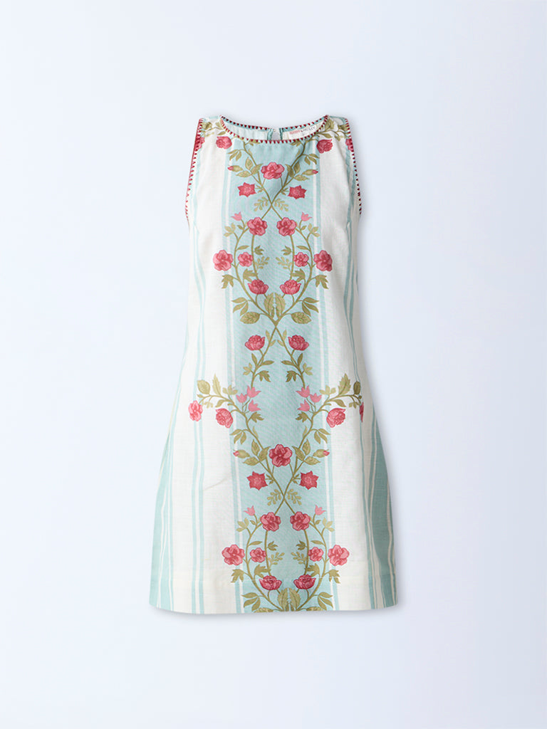 Westside Bombay Paisley Women's Off-White Floral Design Cotton Shift Dress for Everyday Flatlay