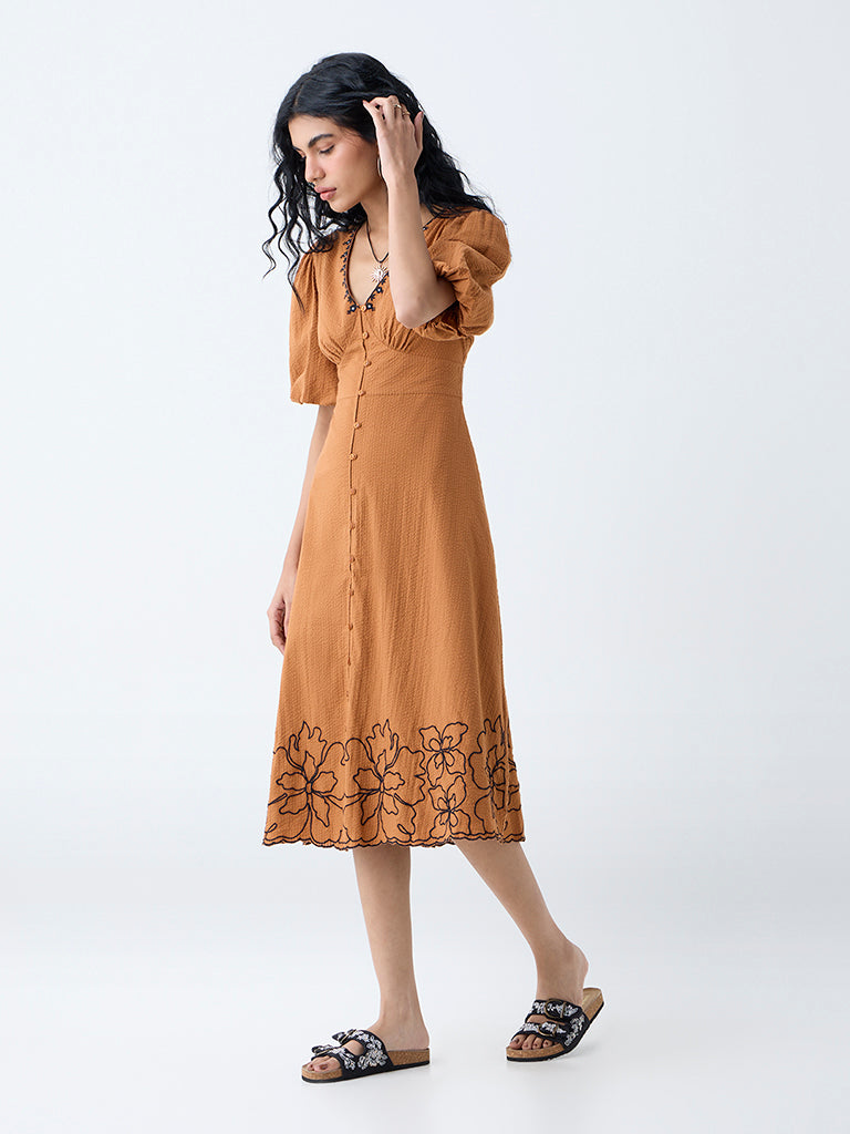 Bombay Paisley Tan Floral Design Cotton A-Line Dress