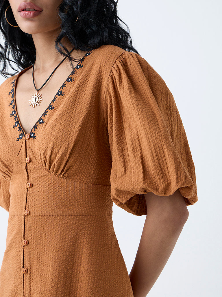 Bombay Paisley Tan Floral Design Cotton A-Line Dress
