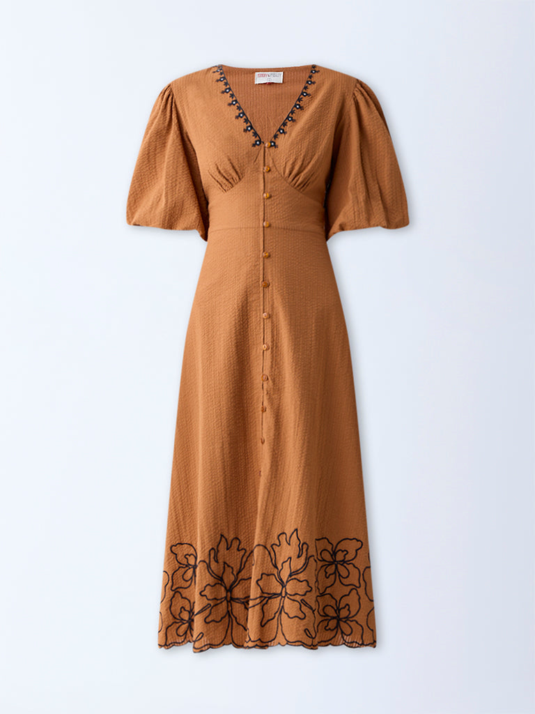 Bombay Paisley Tan Floral Design Cotton A-Line Dress