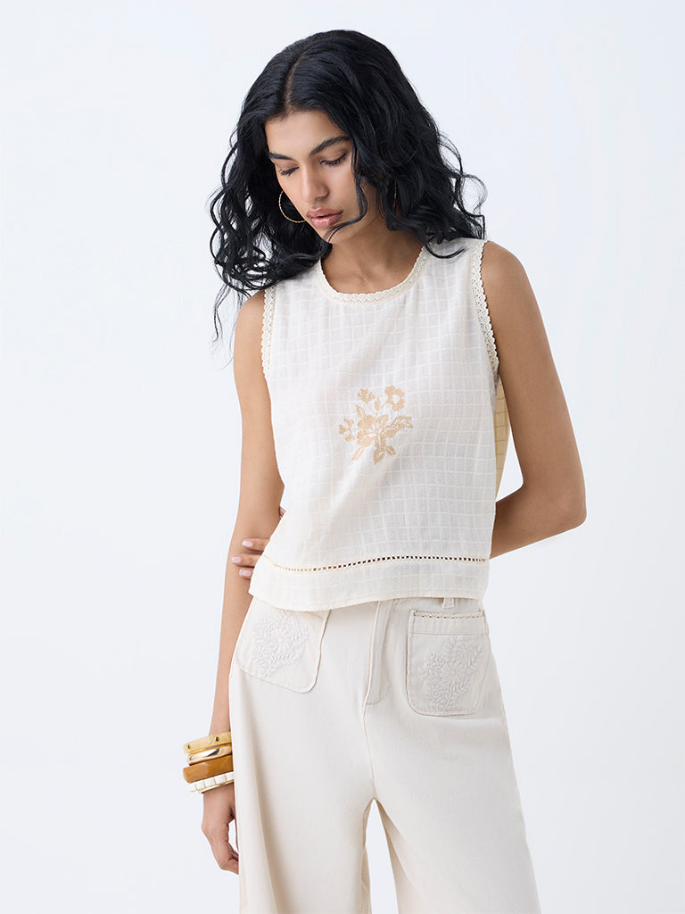 Westside Bombay Paisley Women's Off-White Floral Embroidered Cotton Top for Everyday Front view