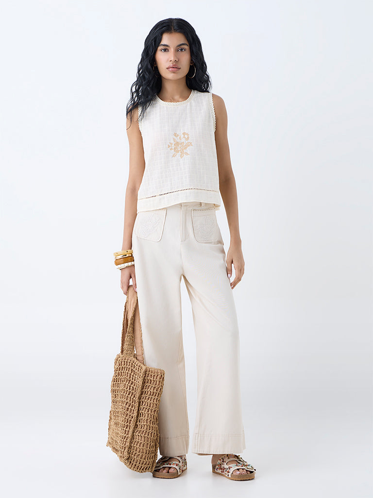 Westside Bombay Paisley Women's Off-White Floral Embroidered Cotton Top for Everyday Full View
