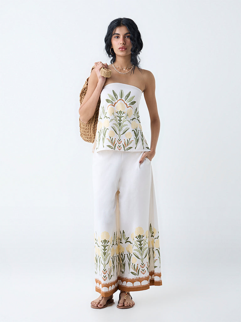 Westside Bombay Paisley Women's White Foliage Print Cotton-Blend Tube Top for Everyday Full View