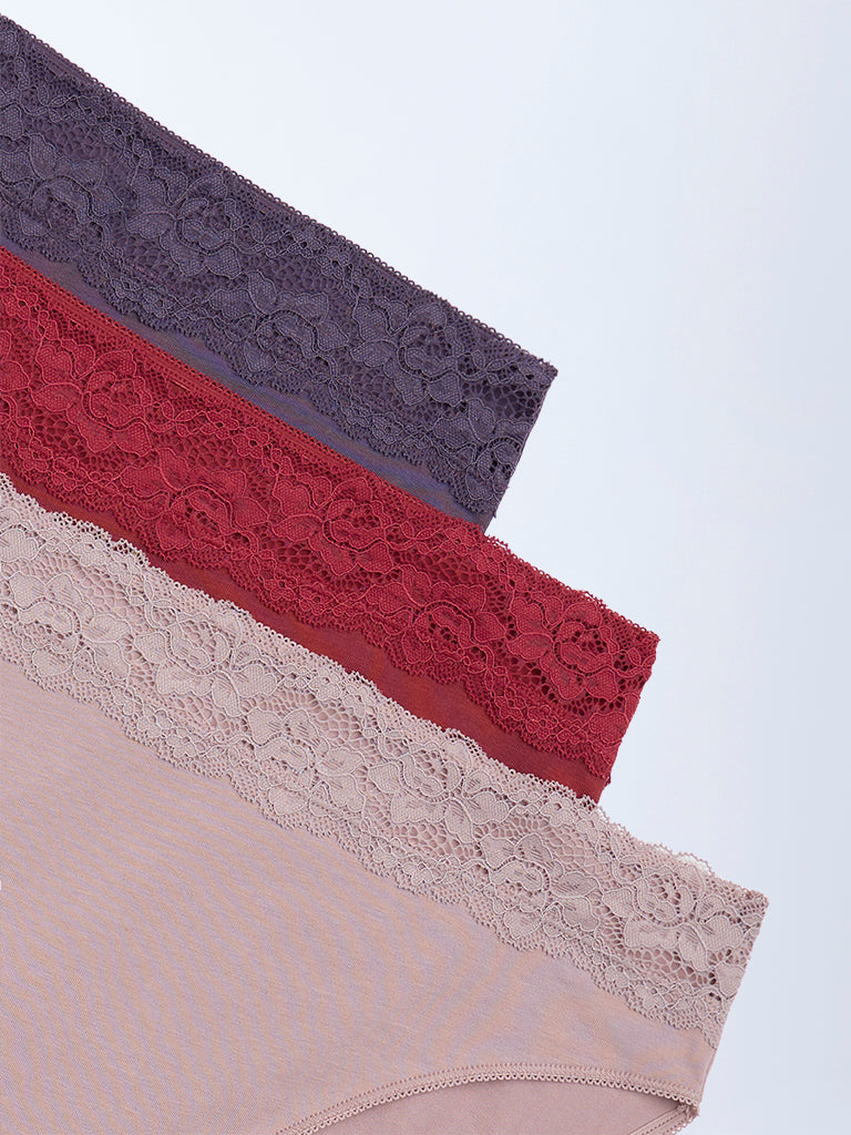 Wunderlove 3-Pack Lace Hi-Leg Cotton-Blend Briefs