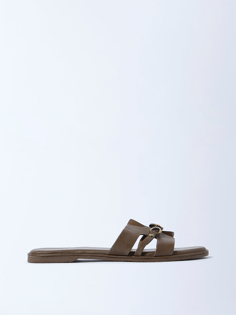 LUNA BLU Brown Buckle-Detailed Slides
